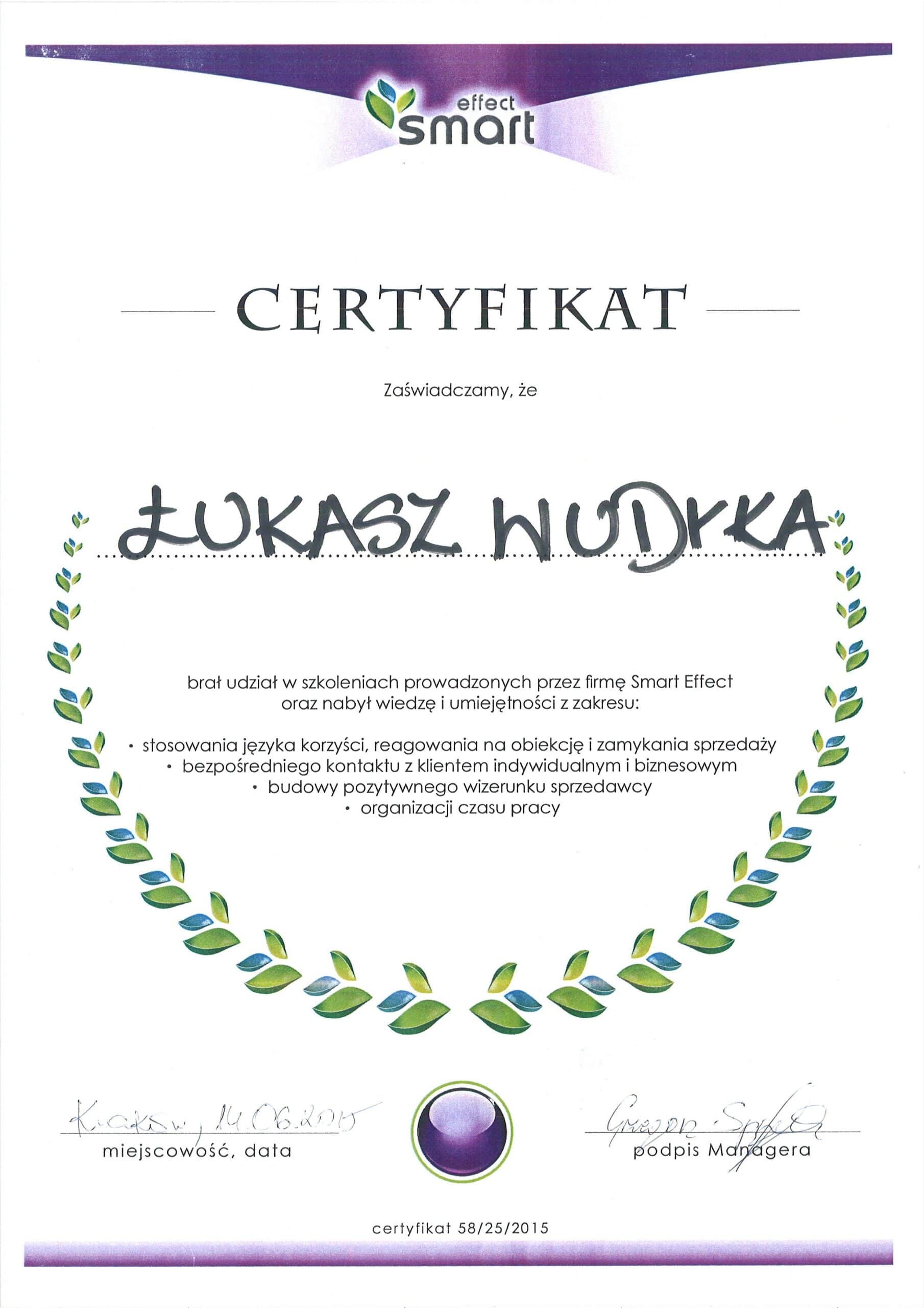Łukasz Wudyka certyfikat Smart effect