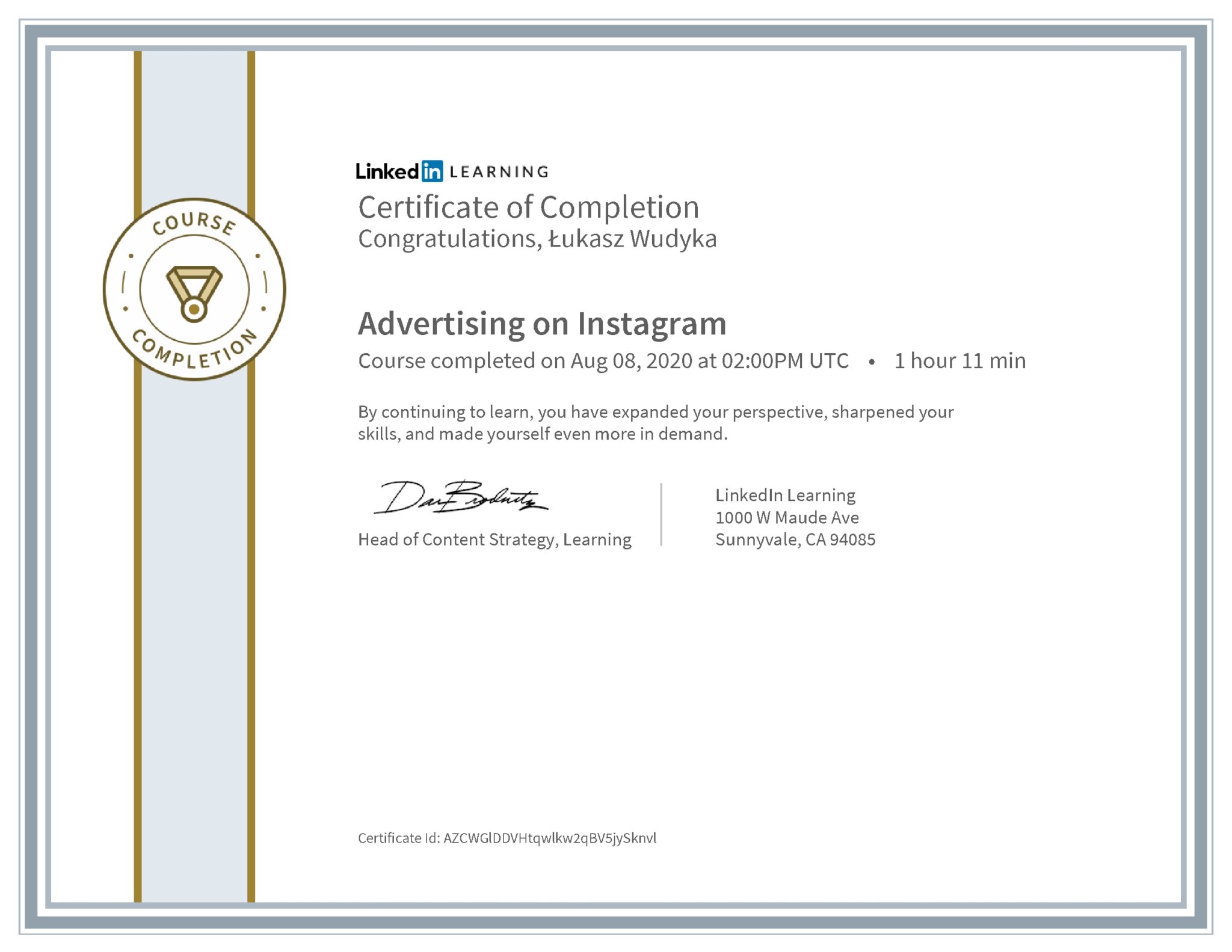 Łukasz Wudyka certyfikat LinkedIn Advertising on Instagram