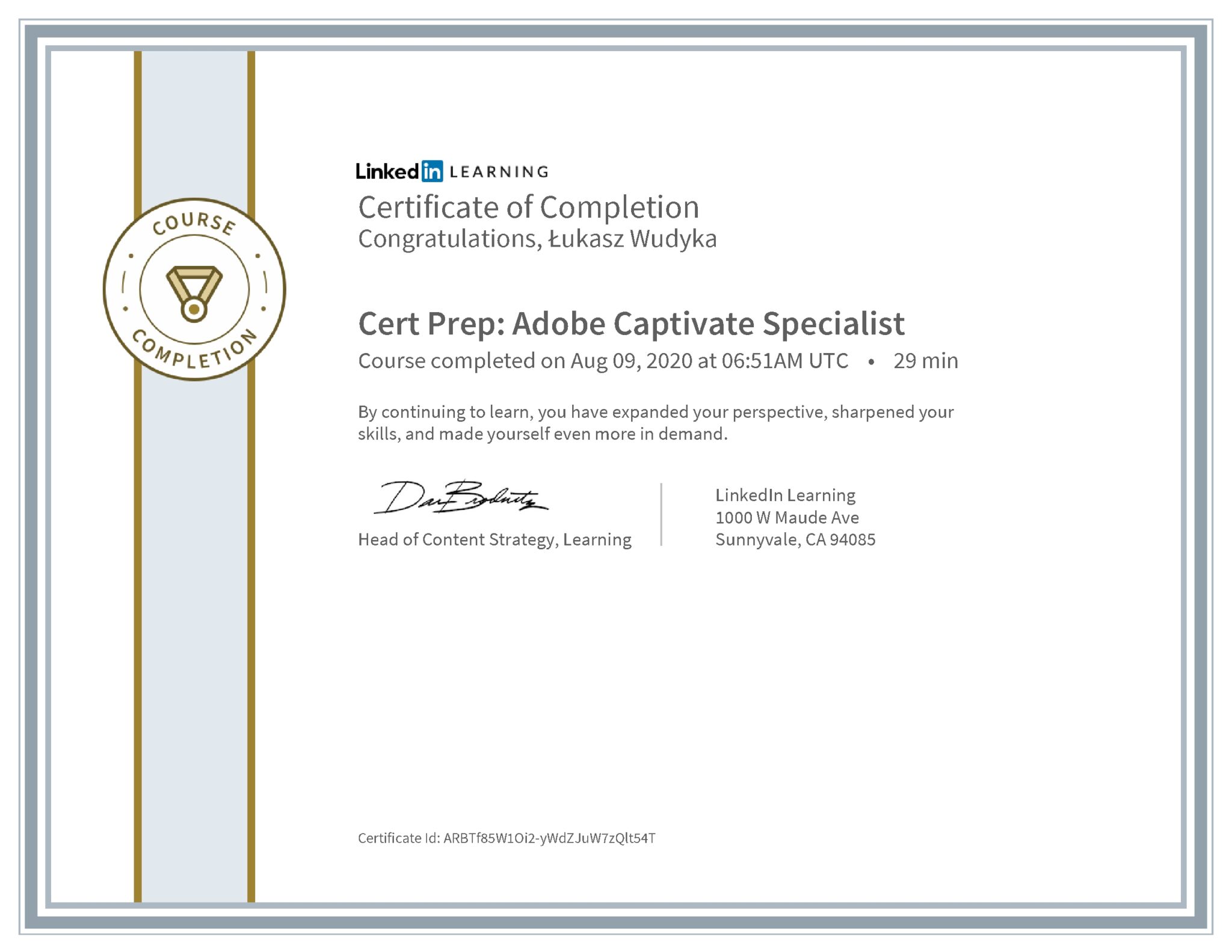 Łukasz Wudyka certyfikat LinkedIn Cert Prep: Adobe Captivate Specialist