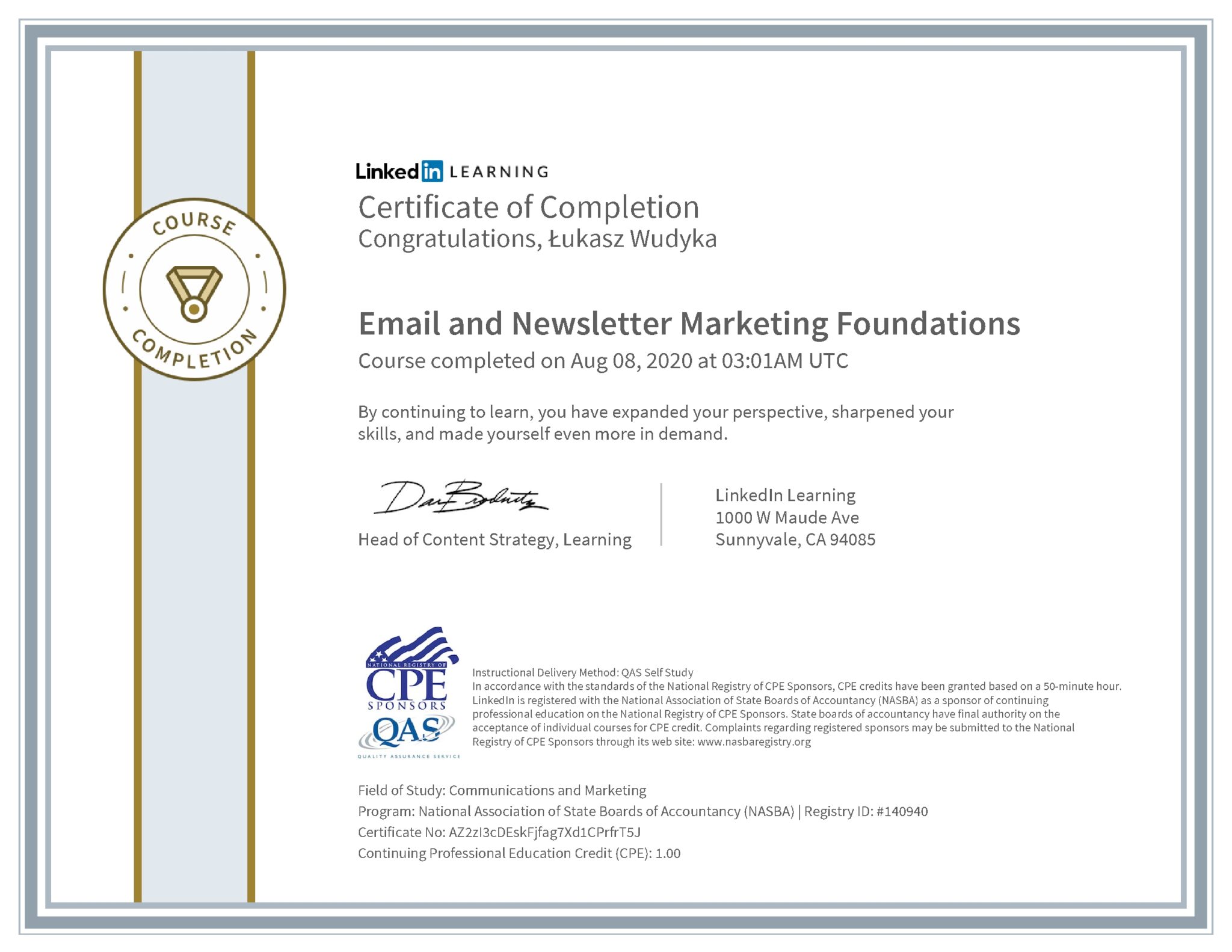 Łukasz Wudyka certyfikat LinkedIn Email and Newsletter Marketing Foundations NASBA