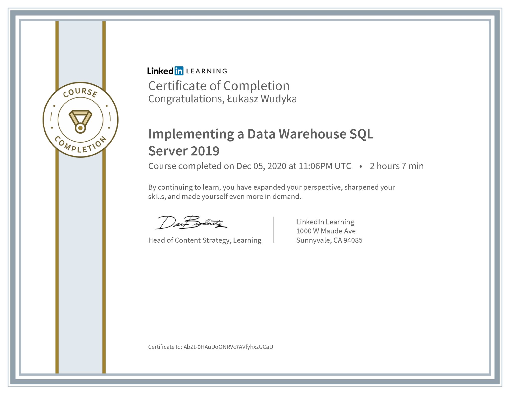 Łukasz Wudyka certyfikat LinkedIn Implementing a Data Warehouse SQL Server 2019