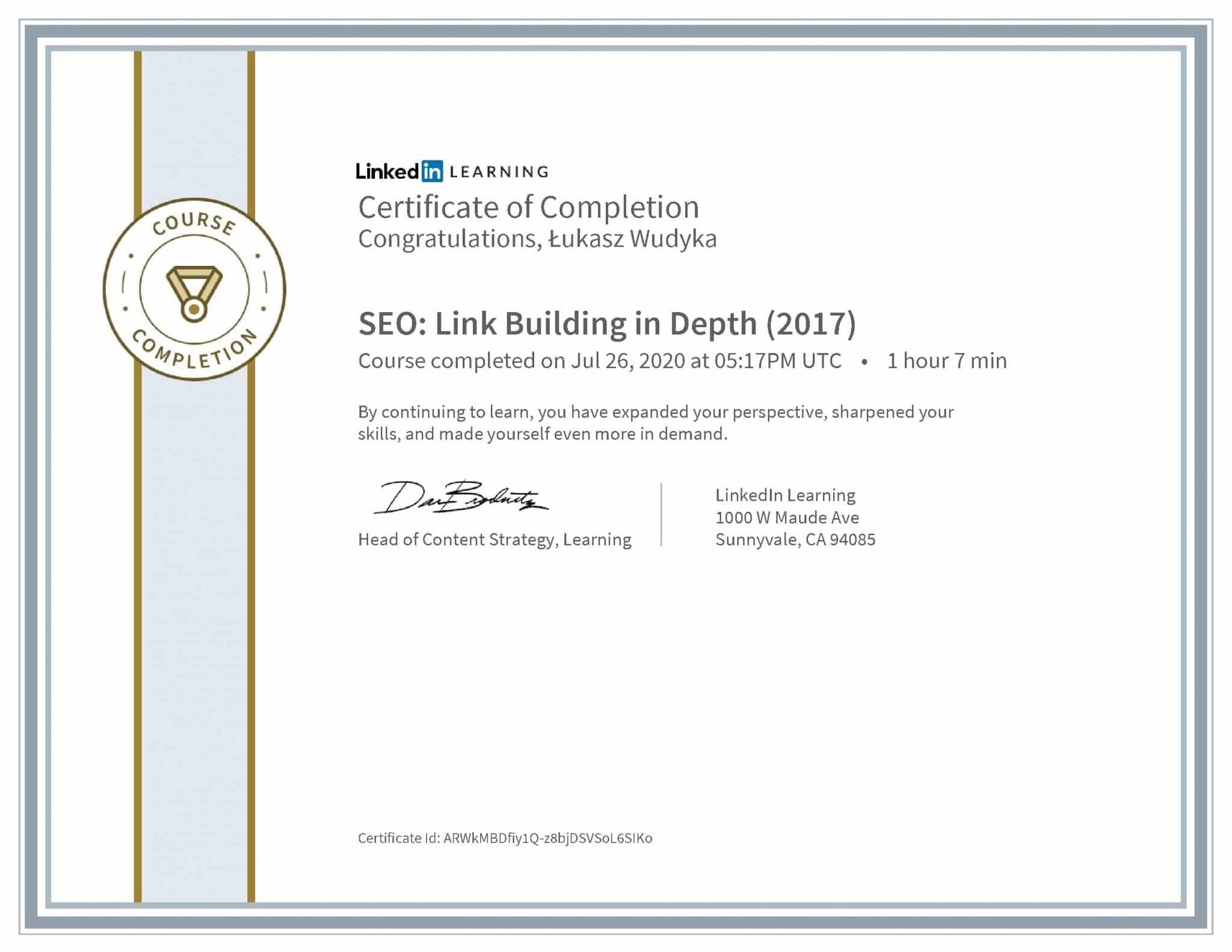 Łukasz Wudyka certyfikat LinkedIn SEO: Link Building in Depth (2017)