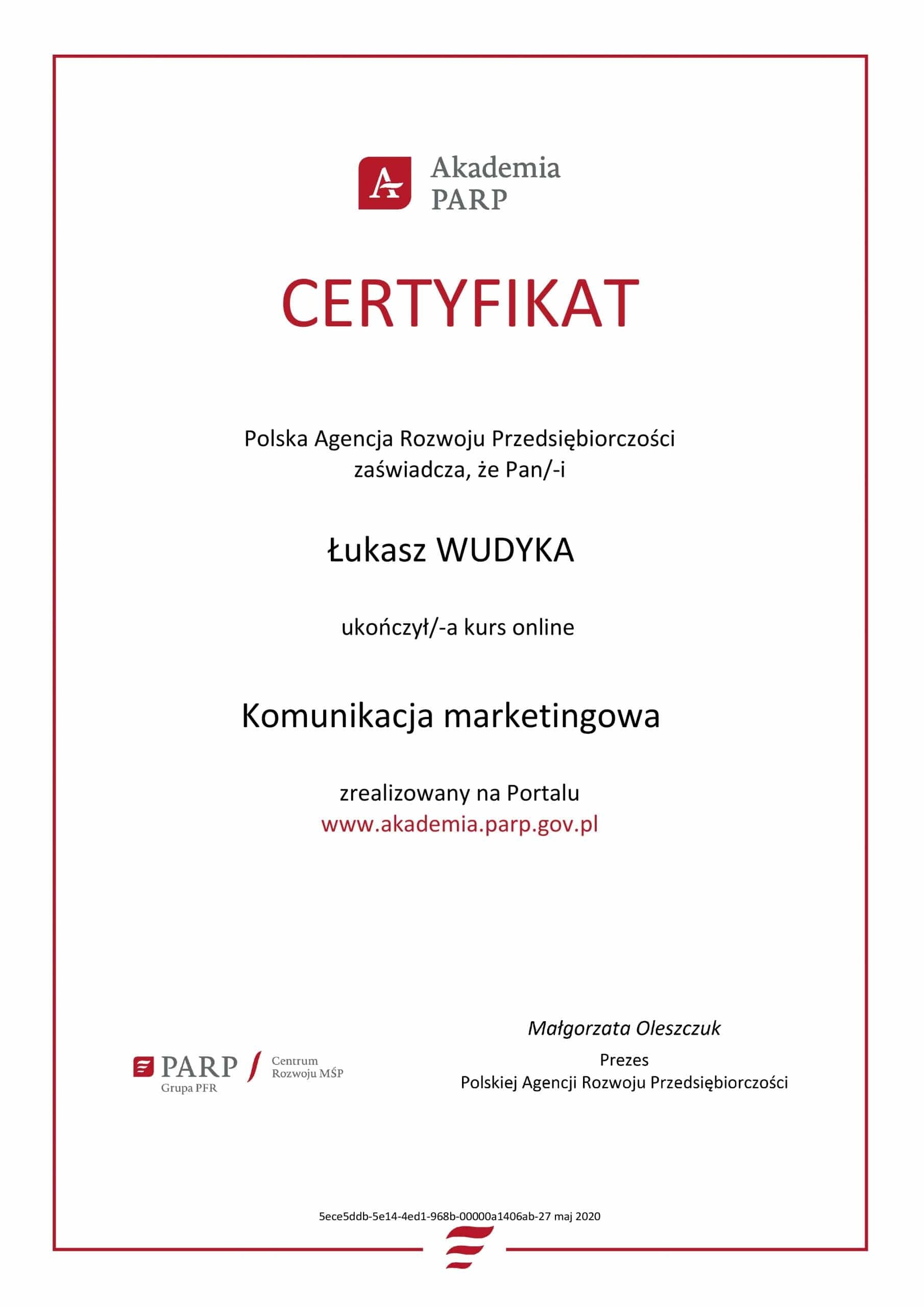 Łukasz Wudyka certyfikat Komunikacja marketingowa - Akademia PARP