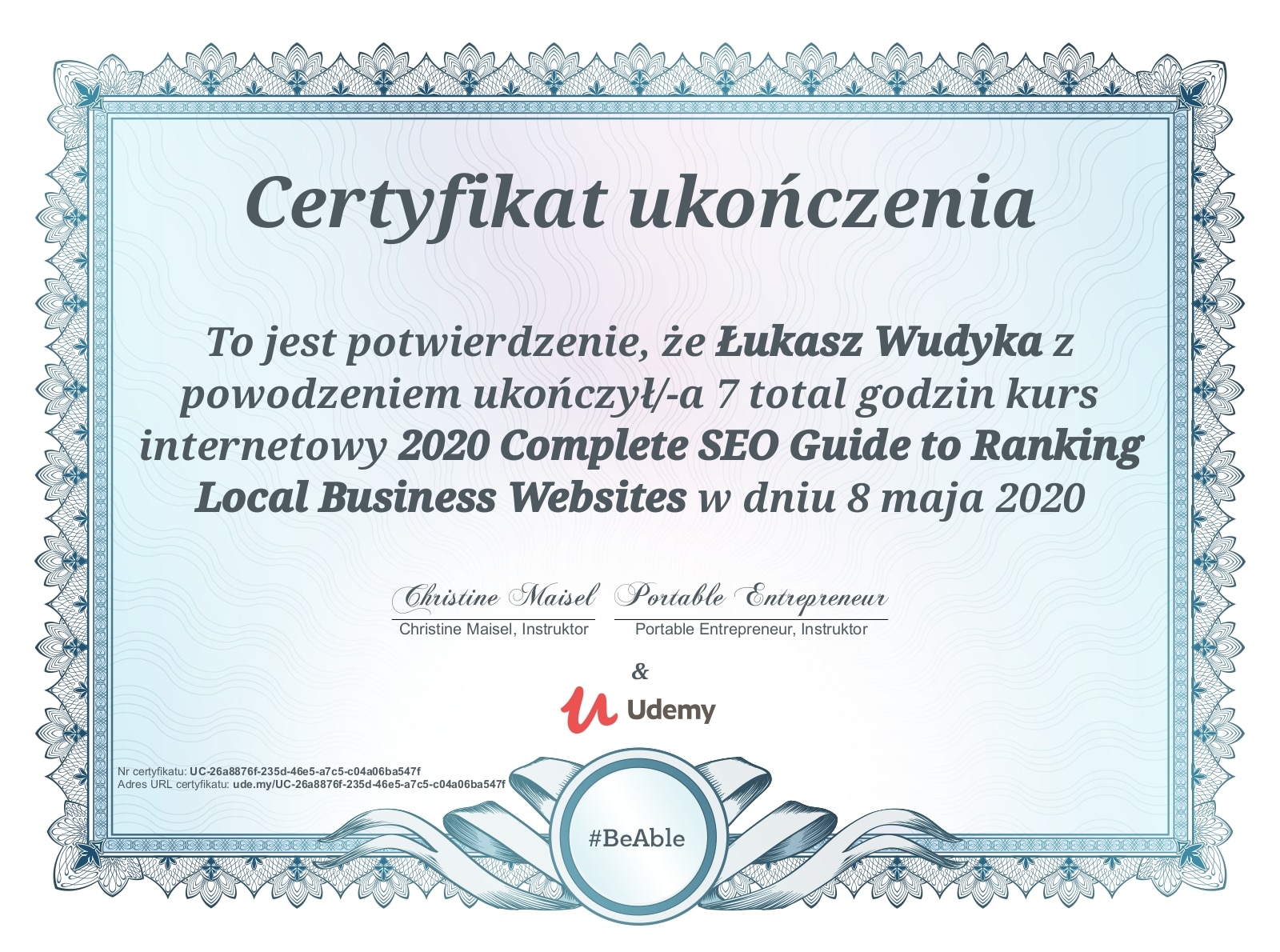 Łukasz Wudyka certyfikat UDEMY - 2020 Complete SEO Guide to Ranking Local Buisness Websites